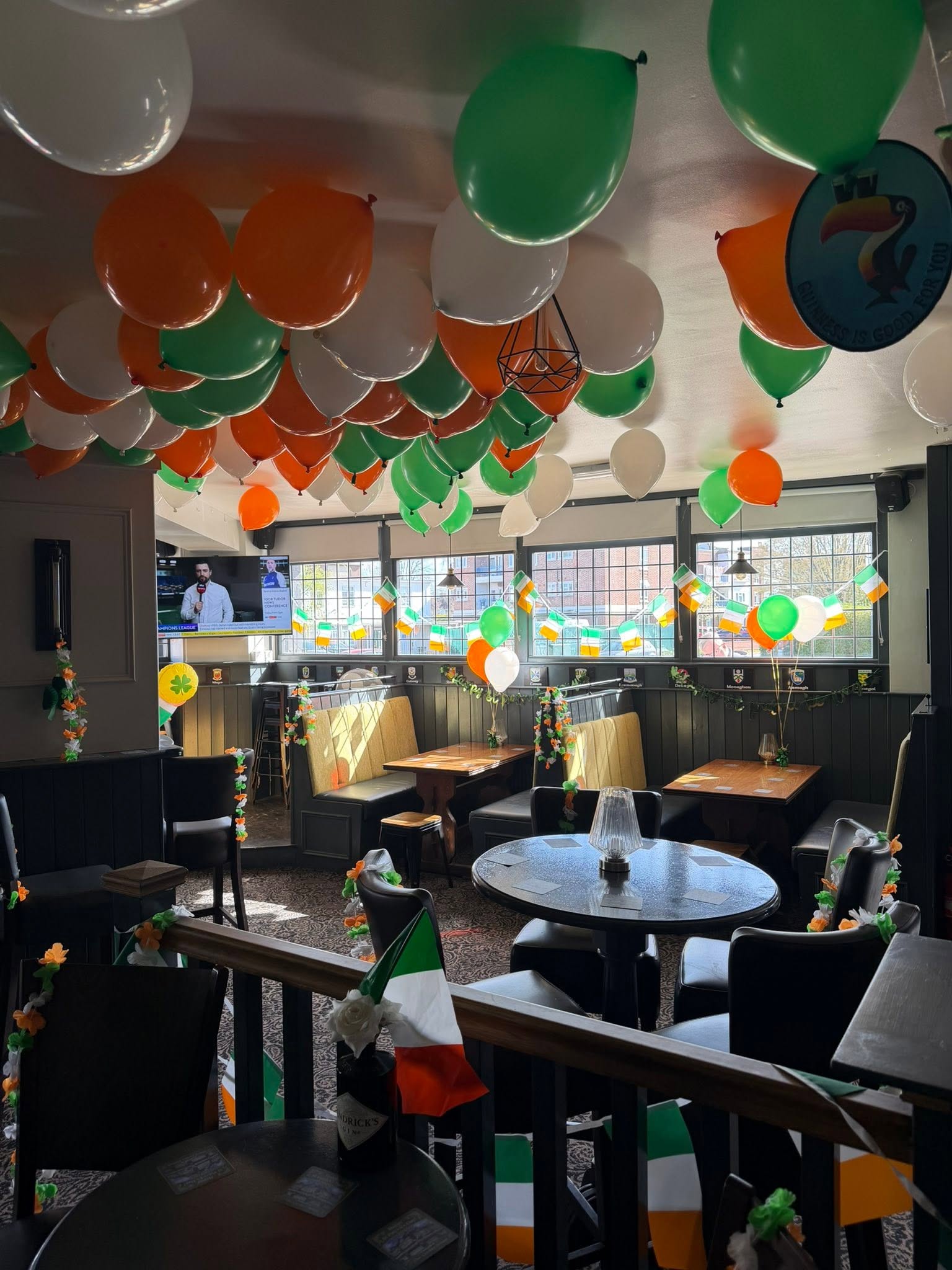 Irish tricolour balloons and decorations inside The Corner House